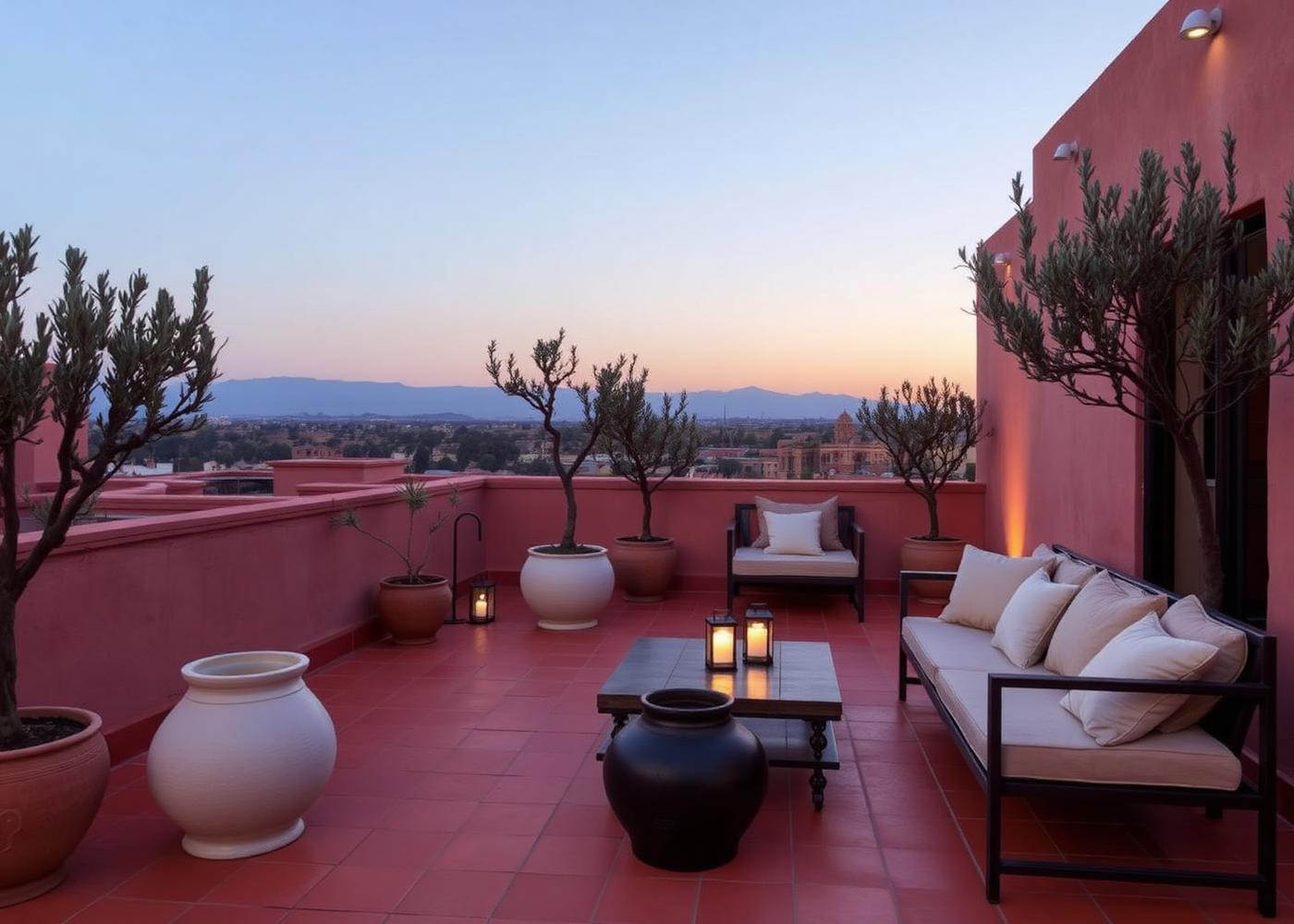 Marrakesh riad terrace at dusk with olive trees and warm lanterns
